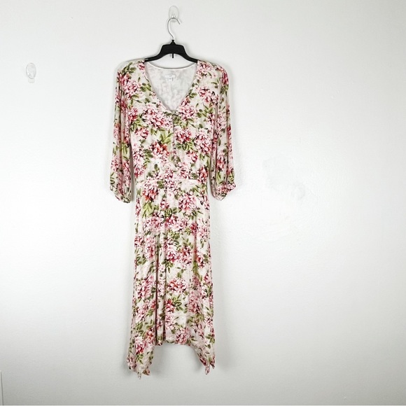J. JILL Pebble Floral Hydrangea Garden Dipped Hem Lined Front Button Dress Large - Picture 1 of 9
